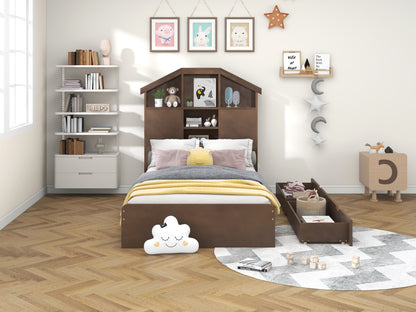 Twin Platform Bed with Storage Drawers Walnut