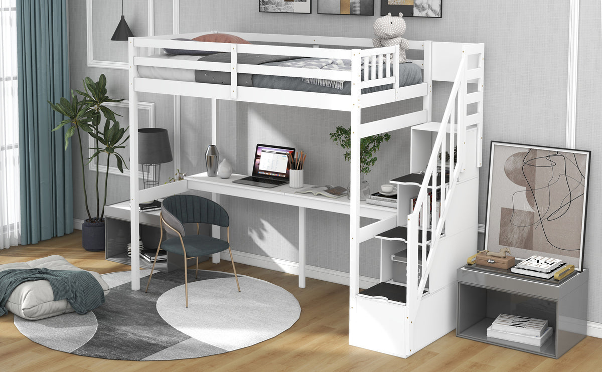 Twin Loft Bed with Staircase and Desk White