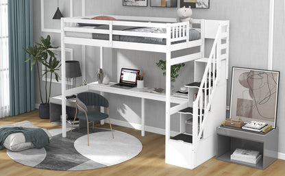Twin Loft Bed with Staircase and Desk White