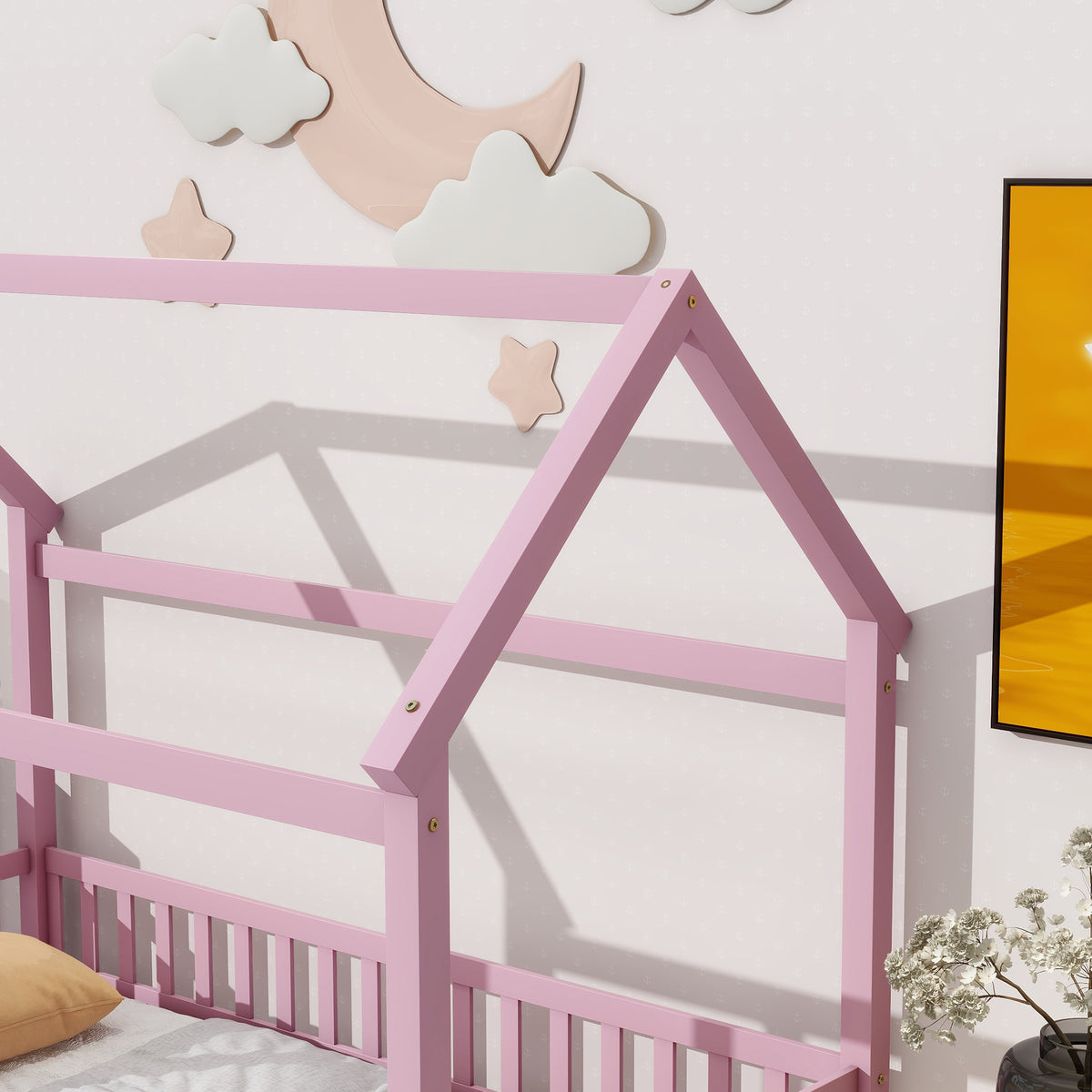 Twin Floor Bed with Fence Guardrails Pink