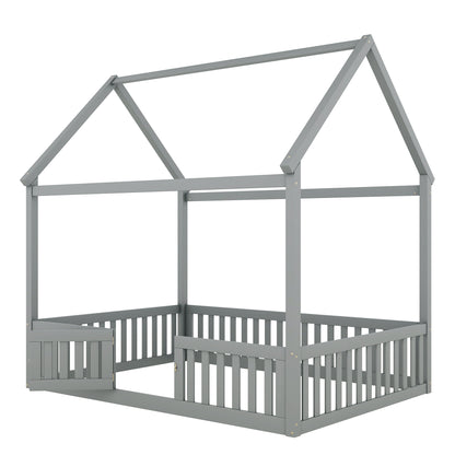 Full Wood Bed with Fence and Door Gray