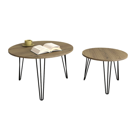 Rustic Brown 2-Piece Round Nesting Coffee Table Set – Marble-Look MDF with Metal Frame