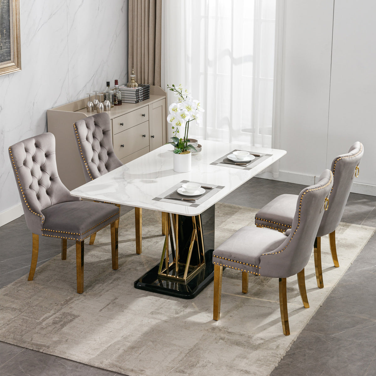Tufted Velvet Dining Chair Set (2 pcs) – Gray & Gold Legs