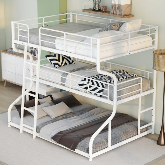White Triple Bunk Bed – 3-Tier Space-Saving Metal Frame for Kids & Teens