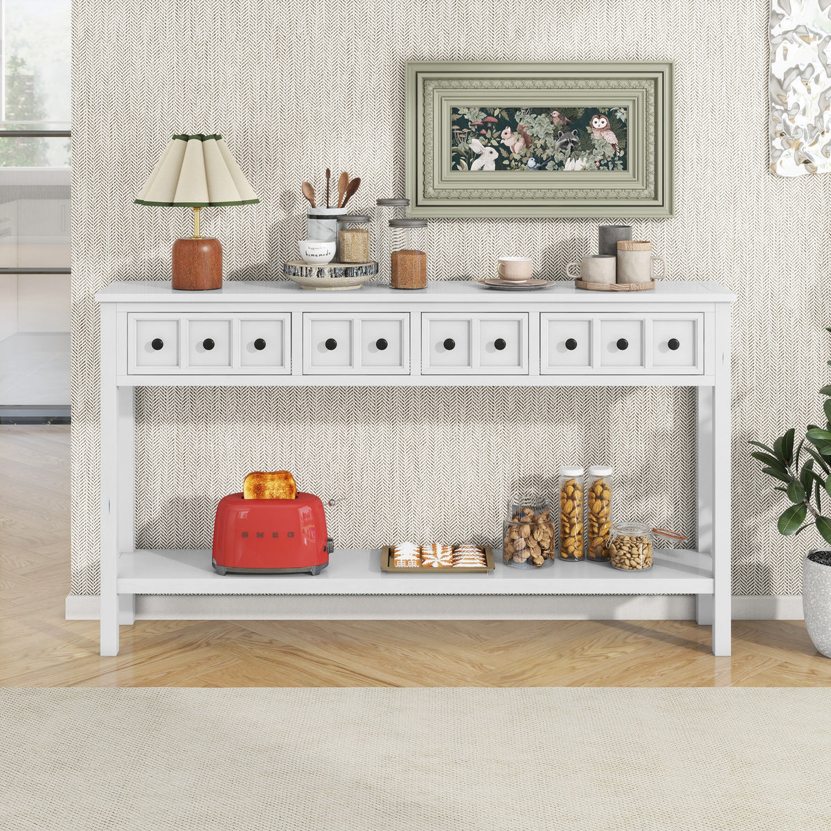 Rustic Entryway Console Table with Drawers Antique White