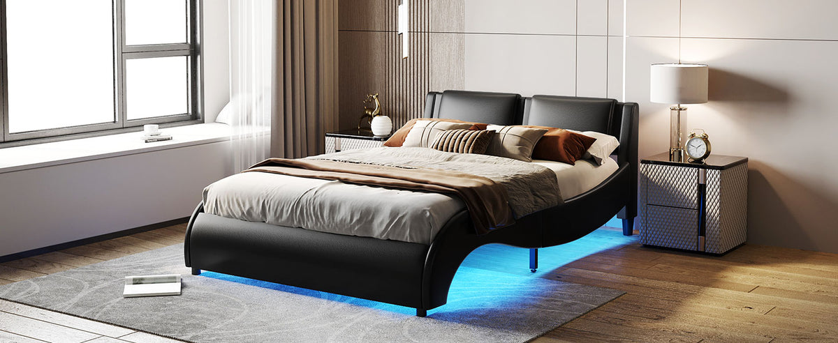 Upholstered Queen Bed with LED Light Black