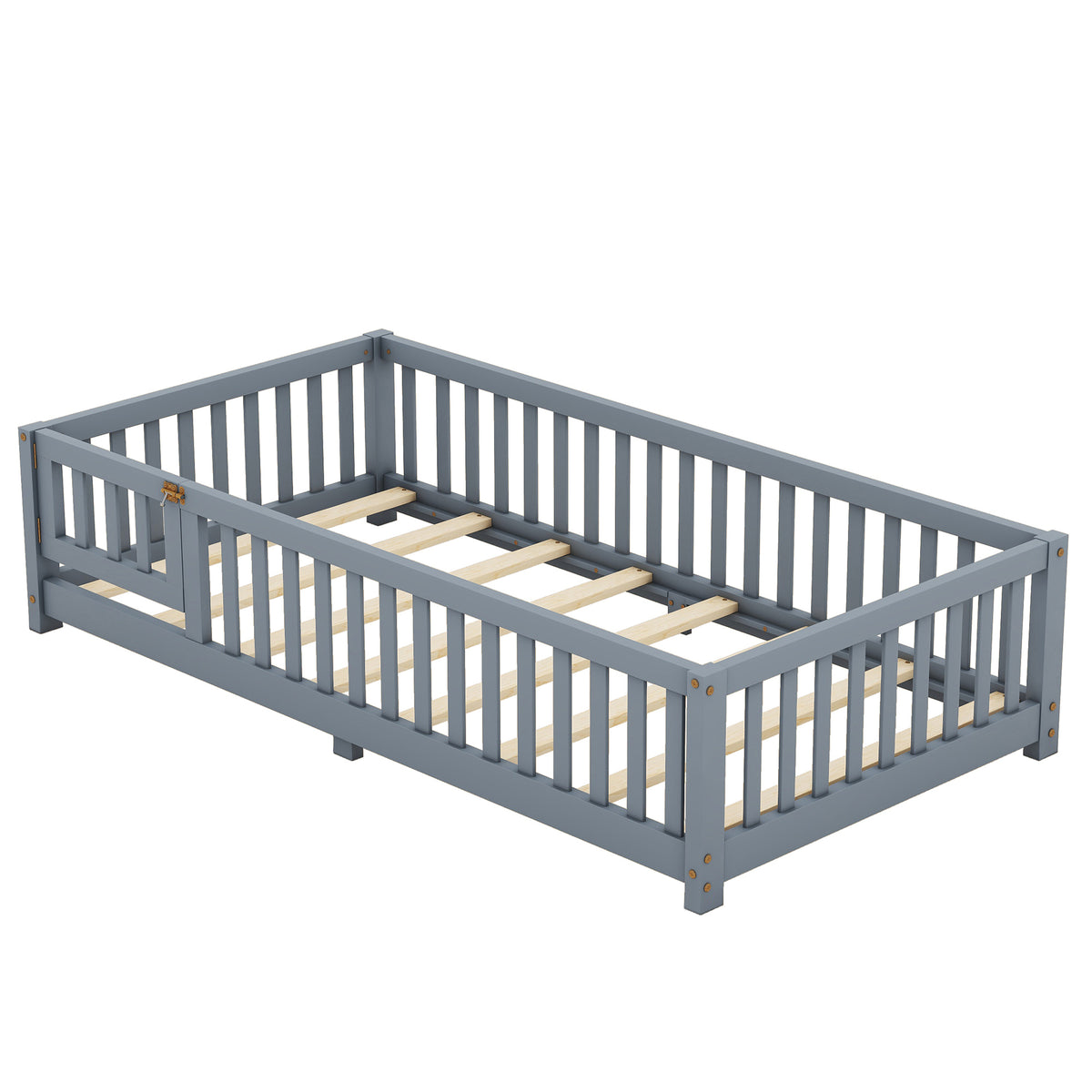 Twin Kids Bed Frame with Safety Rails – Gray