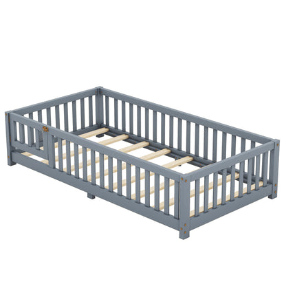 Twin Kids Bed Frame with Safety Rails – Gray