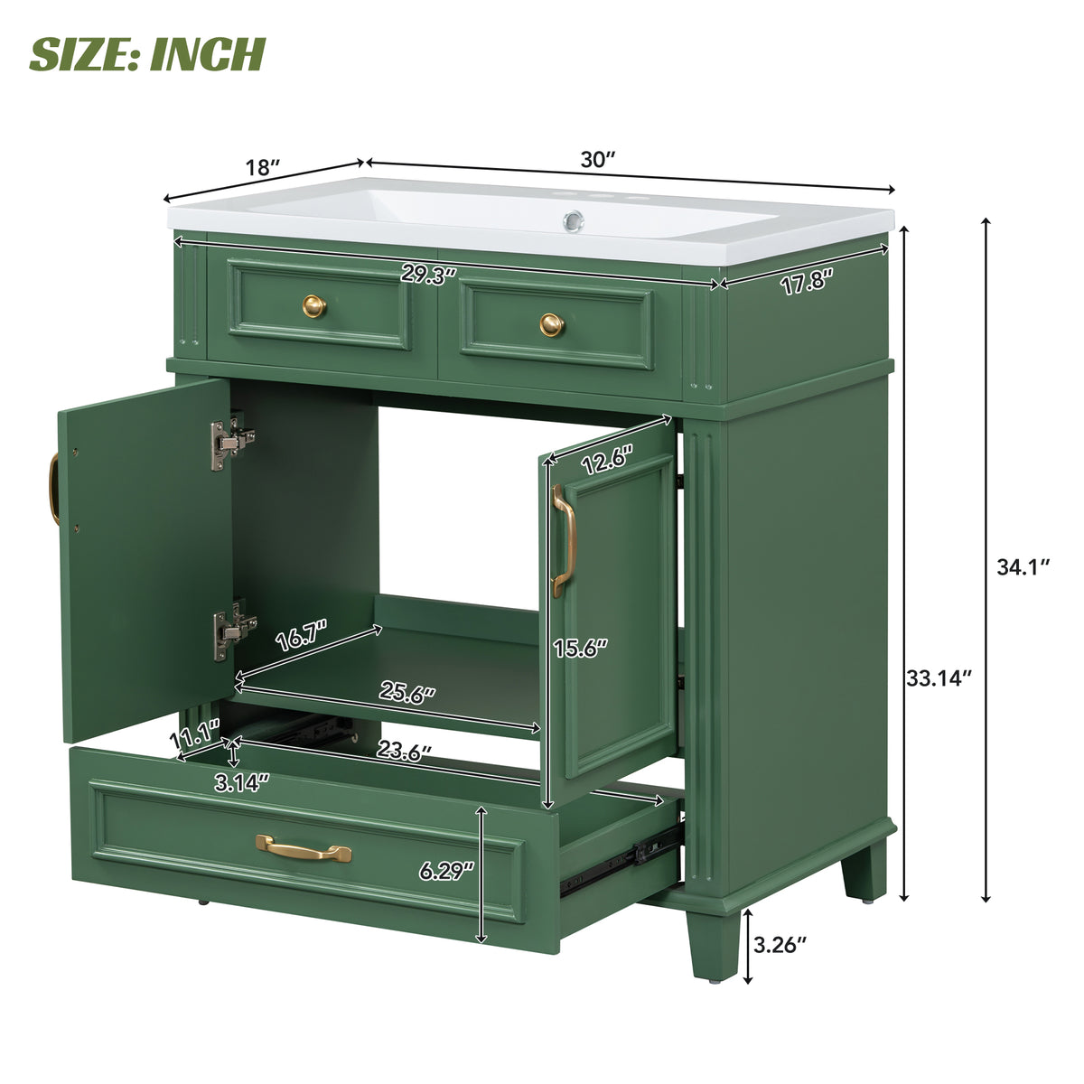 30-Inch Solid Wood Bathroom Vanity with Sink Green