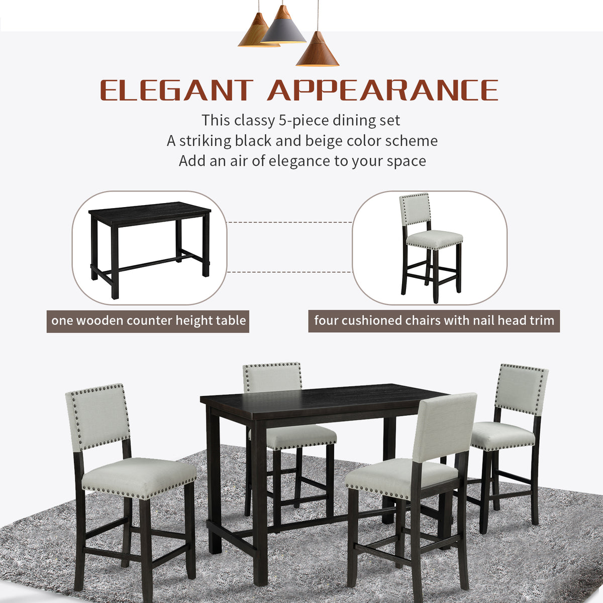 Espresso 5-Piece Counter Height Dining Set – Solid Wood Table with Upholstered Chairs