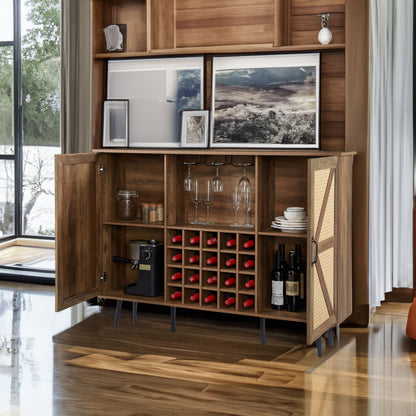 Oak Faux Rattan Wine Cabinet with Removable Shelves