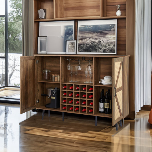 Oak Faux Rattan Wine Cabinet with Removable Shelves