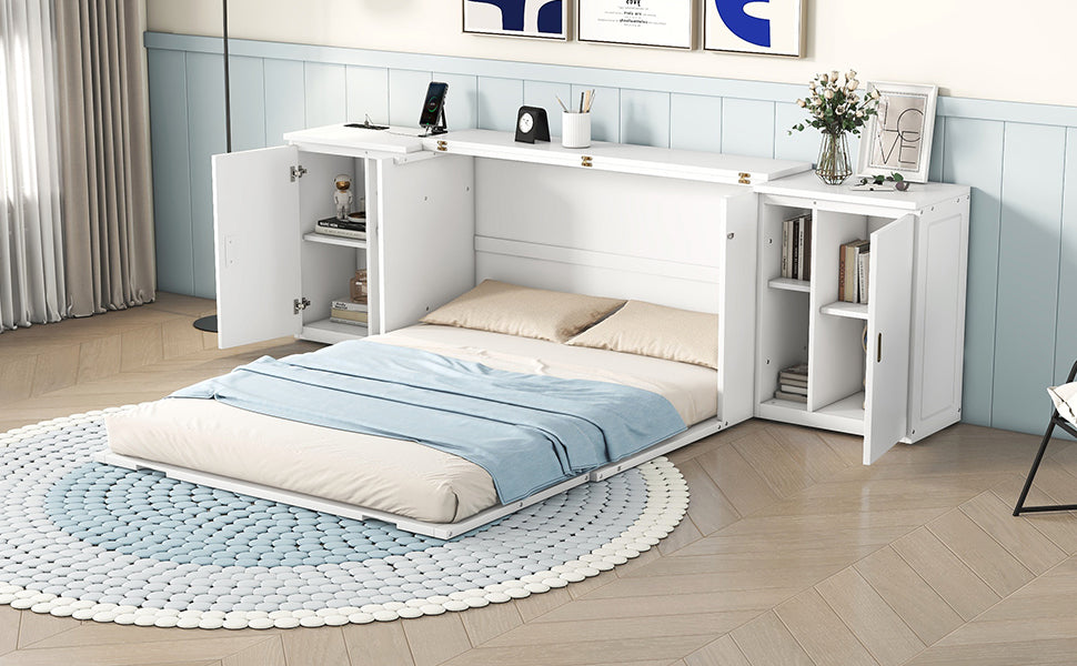 Queen Murphy Bed with USB Ports – White