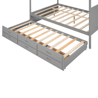 Queen Canopy Platform Bed with Drawers Gray