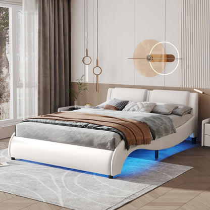 Queen Faux Leather Platform Bed with LED White