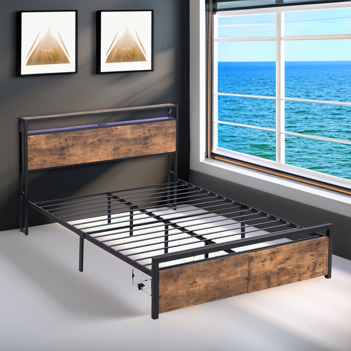 Full Size Storage Bed with LED Charging Station