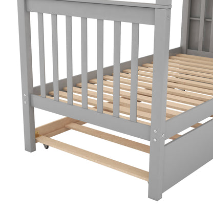 Twin Over Twin Bunk Bed with Trundle Gray