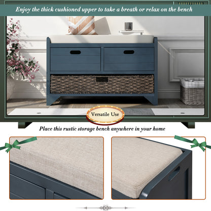 Navy Storage Bench with Rattan Basket