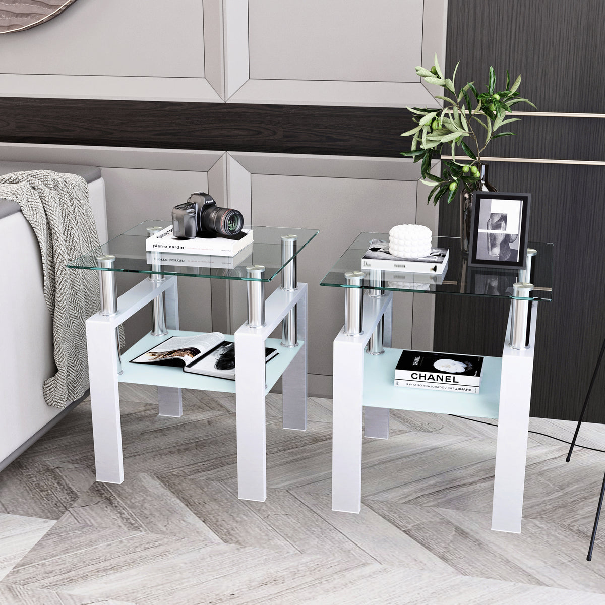 Set of 2 Glass Coffee Tables – Transparent White