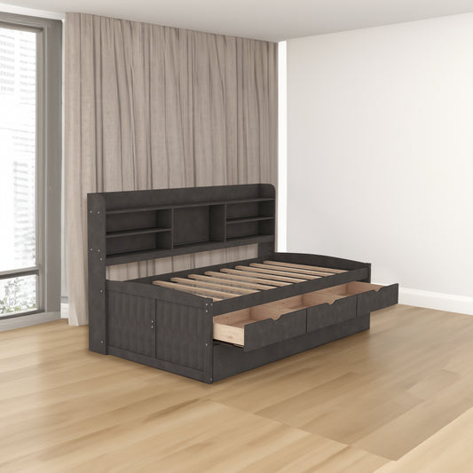 Wooden Captain Bed with Bookshelves Antique Gray