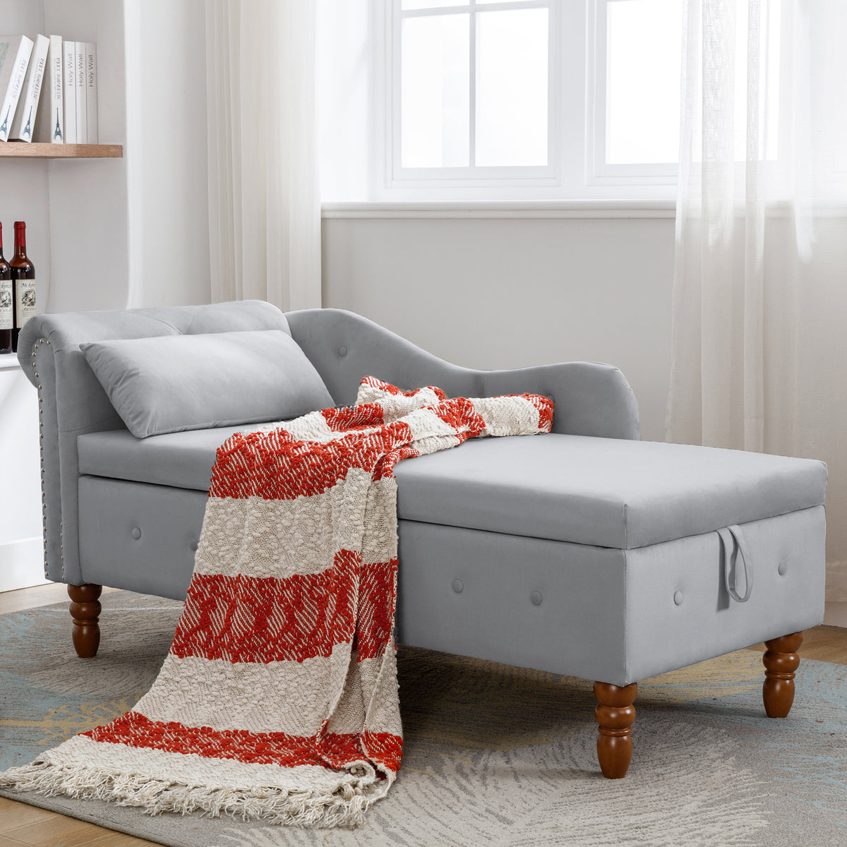 Grey Velvet Lounge Chaise – Modern Roll Arm