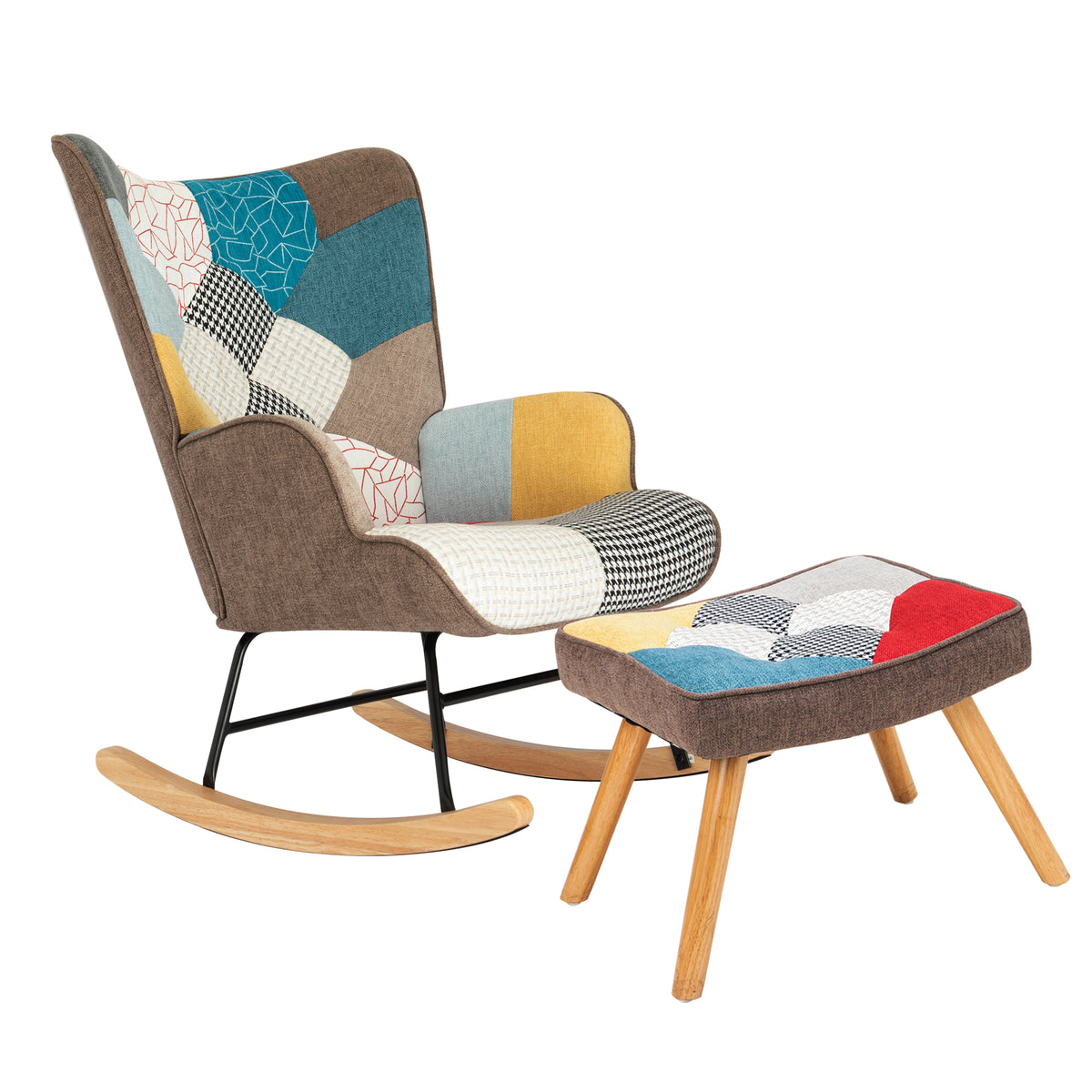 Mid-Century Rocking Chair with Ottoman – Patchwork Linen