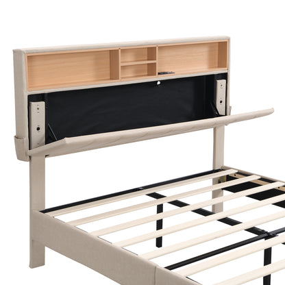 Full Upholstered Storage Bed – Beige Linen