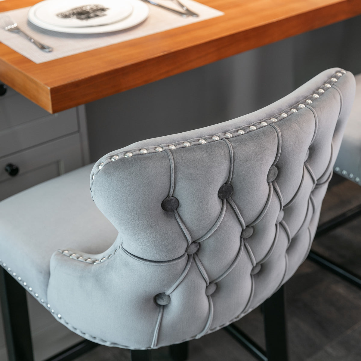 Velvet Wingback Bar Stool Set (2 pcs) – Gray