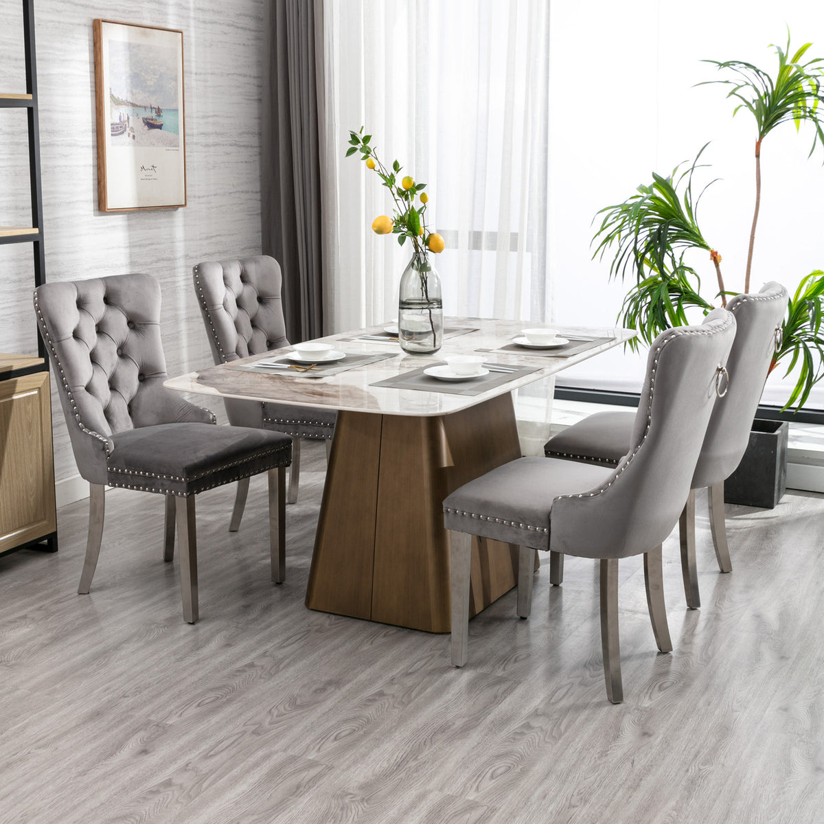 Tufted Velvet Dining Chair Set (2 pcs) – Gray Chrome Base