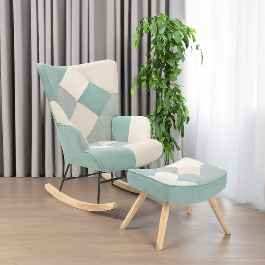 Mid-Century Patchwork Rocking Chair with Ottoman – Linen Fabric