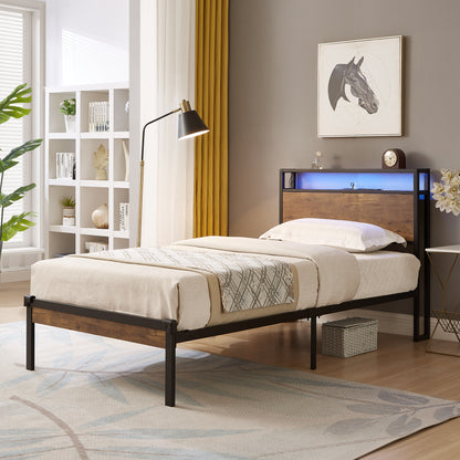 Dual Metal Platform Bed with LED Lights