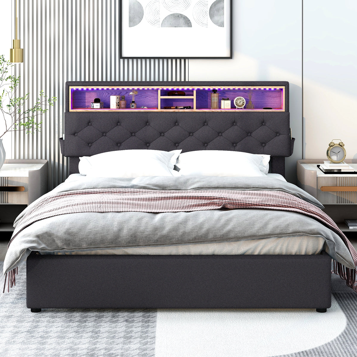 Queen LED Upholstered Storage Bed – Dark Gray