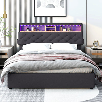 Queen LED Upholstered Storage Bed – Dark Gray