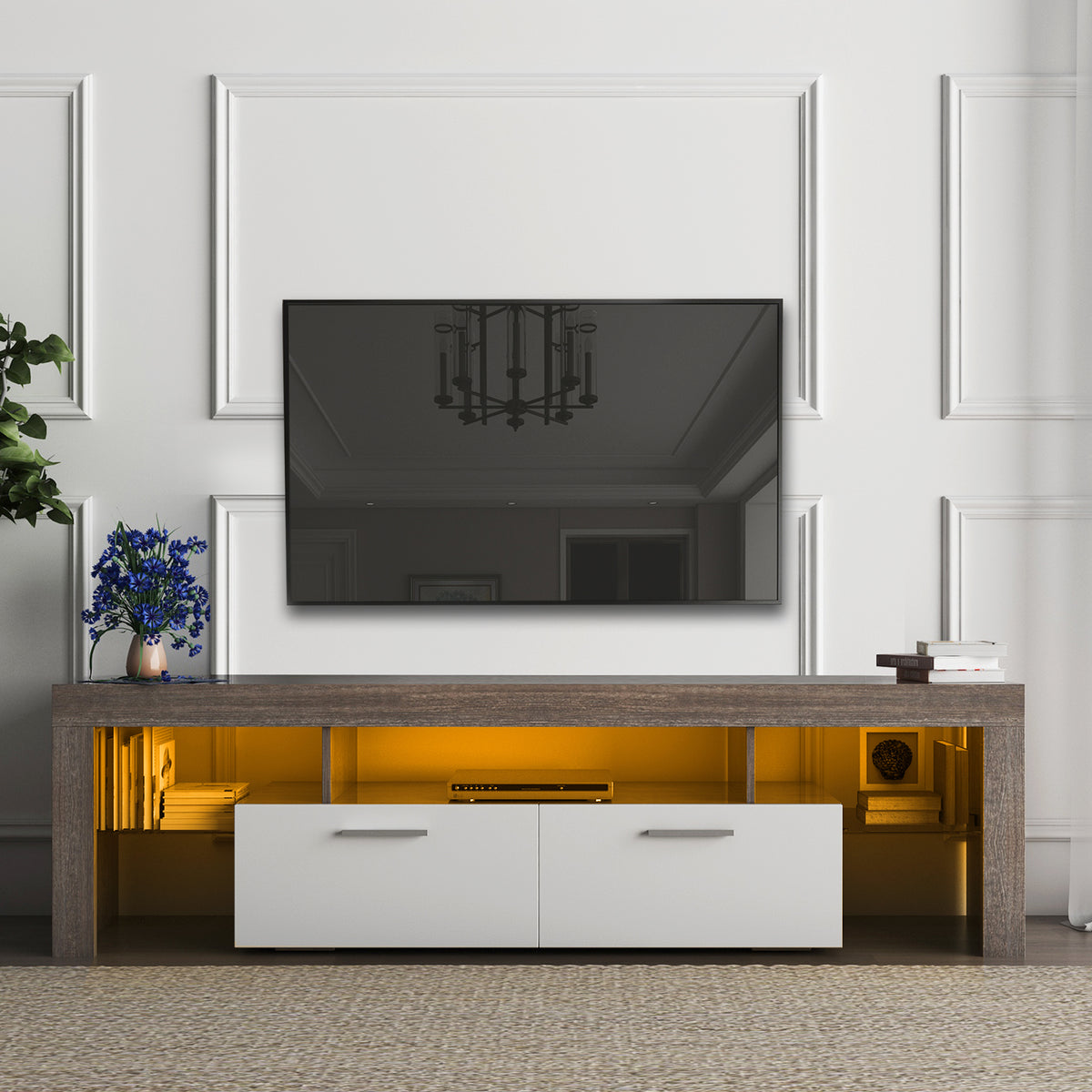 Modern TV Console with Glass Shelf – Quick Assembly