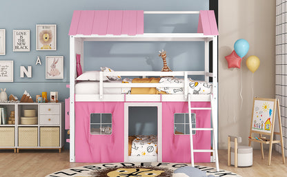 Twin Bunk Bed with Tent Pink White