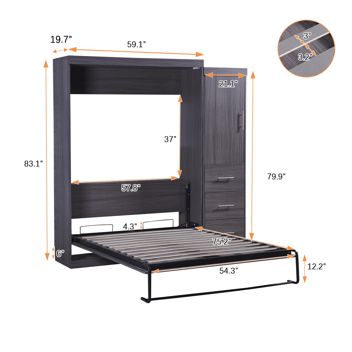 Full Murphy Bed with Wardrobe Gray