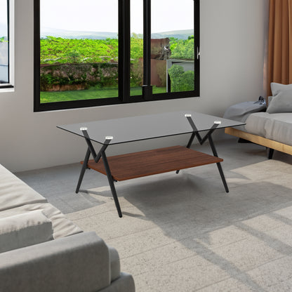 Rectangular Glass Coffee Table – Grey Wood Base