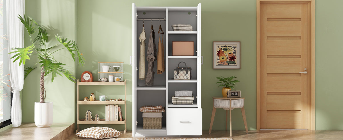 Double Wardrobe with Hanging Rod and Shelves White
