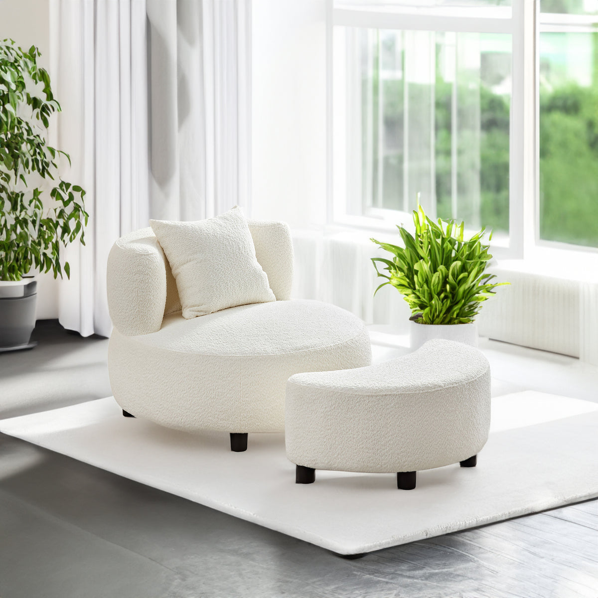 Beige Teddy Fabric Accent Chair with Ottoman – Ergonomic Lounge Set
