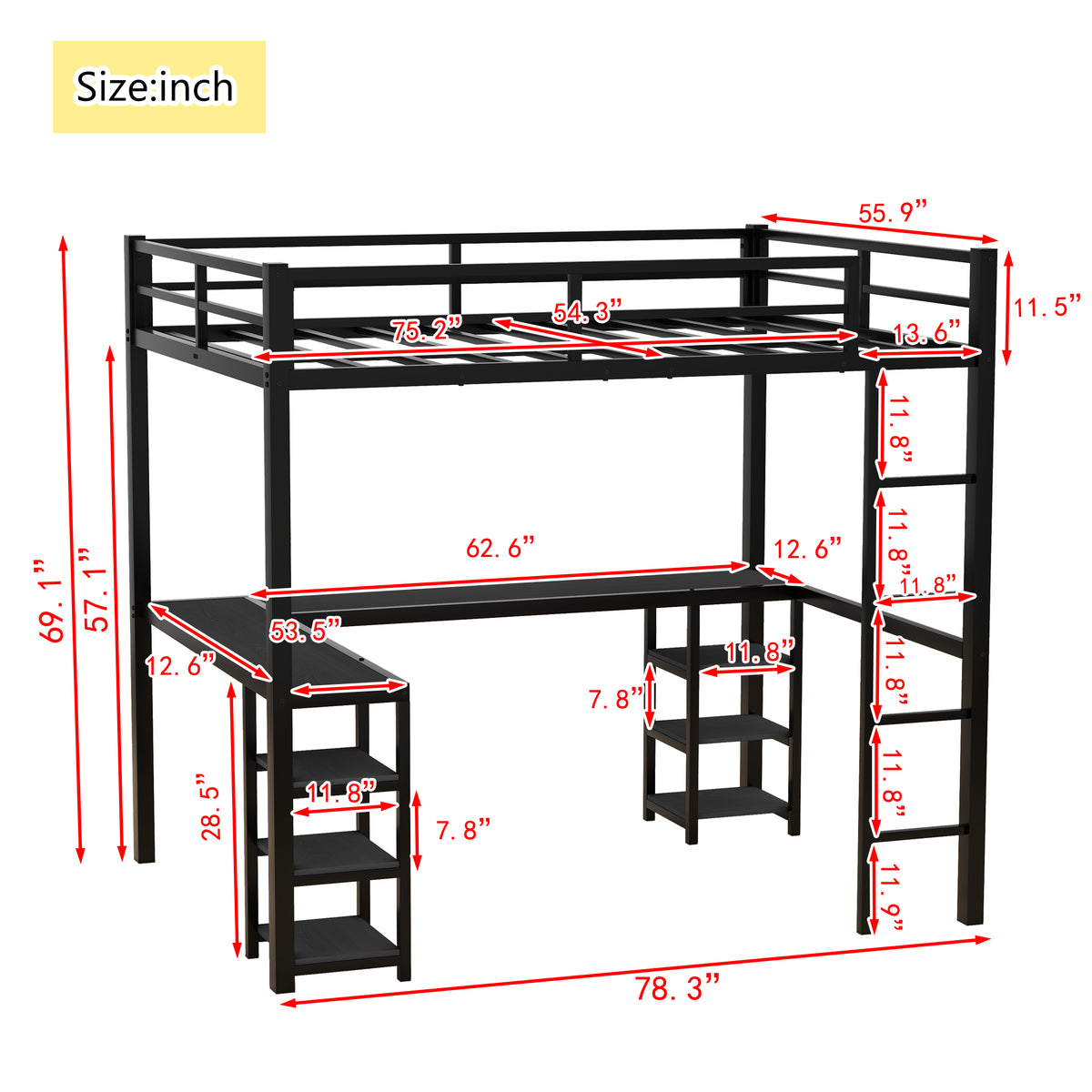 Loft Bed with Ladder and Guardrail Black