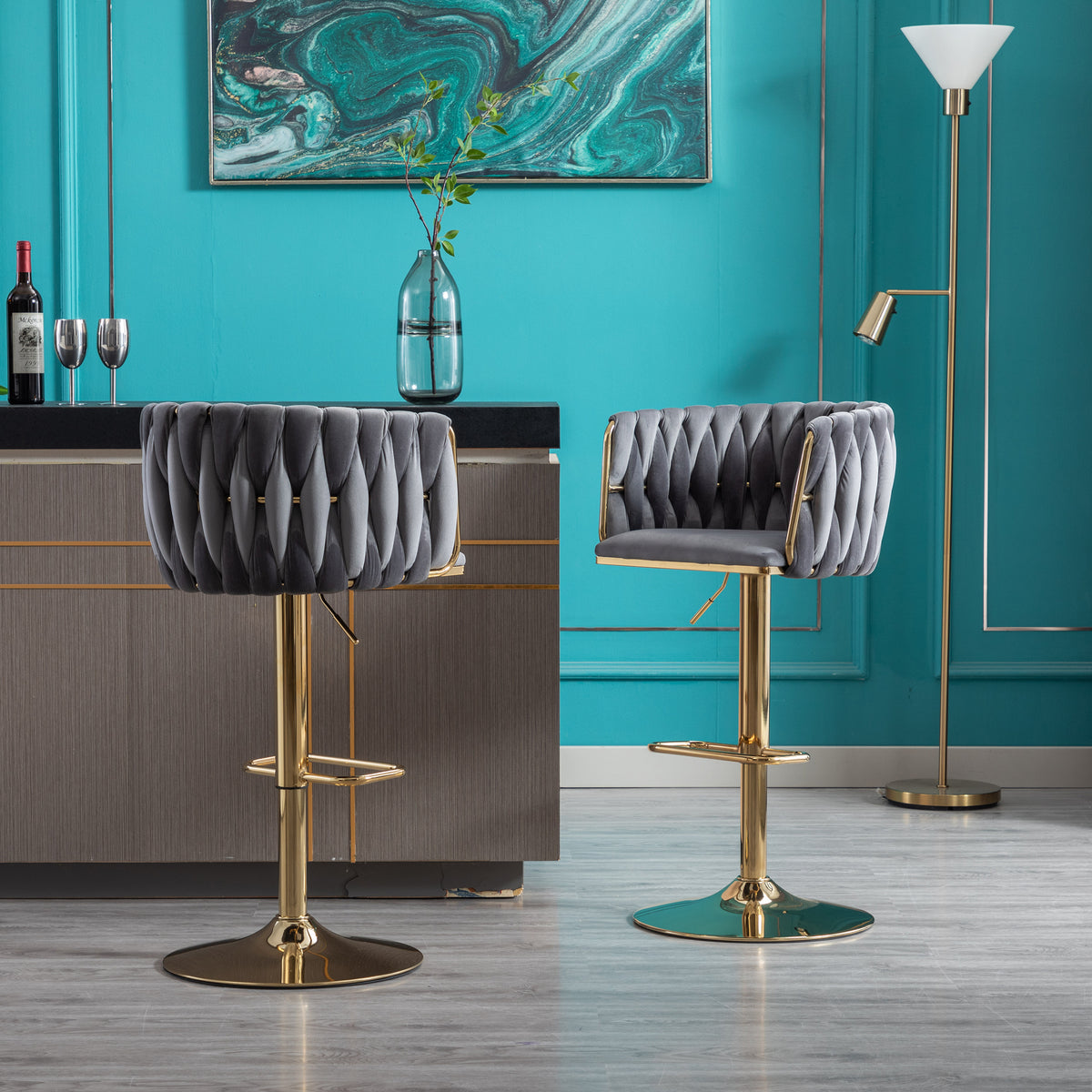 Velvet Swivel Bar Stools Set of 2 Gray