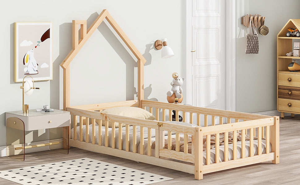 Metal House Floor Bed with Fence – Natural