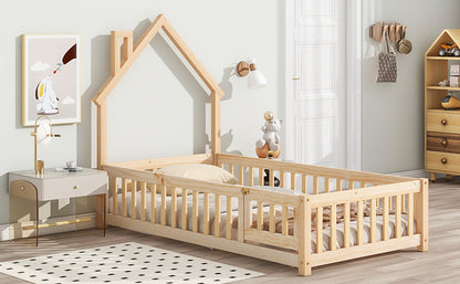 Metal House Floor Bed with Fence – Natural