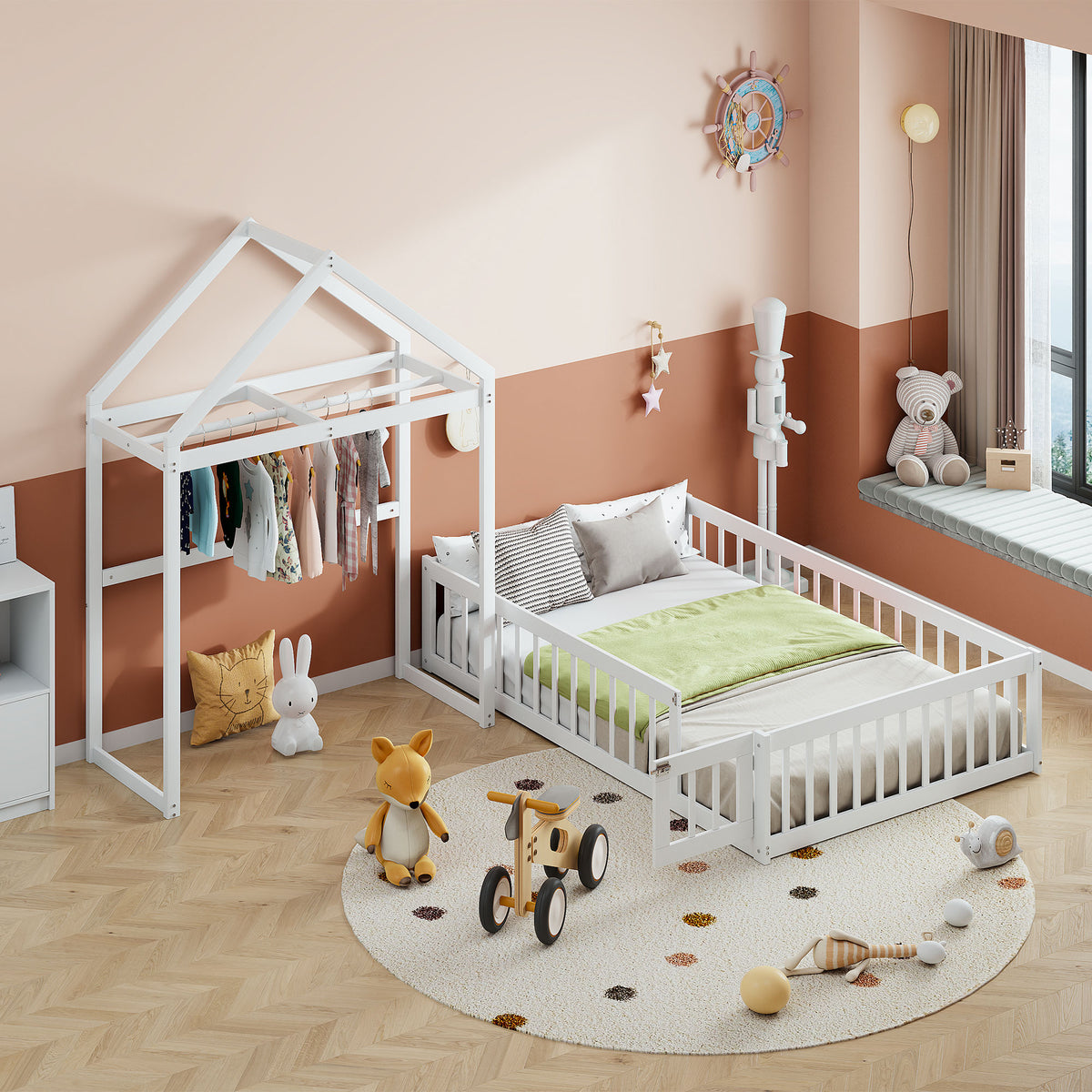 Full Platform Bed with Storage Rack White