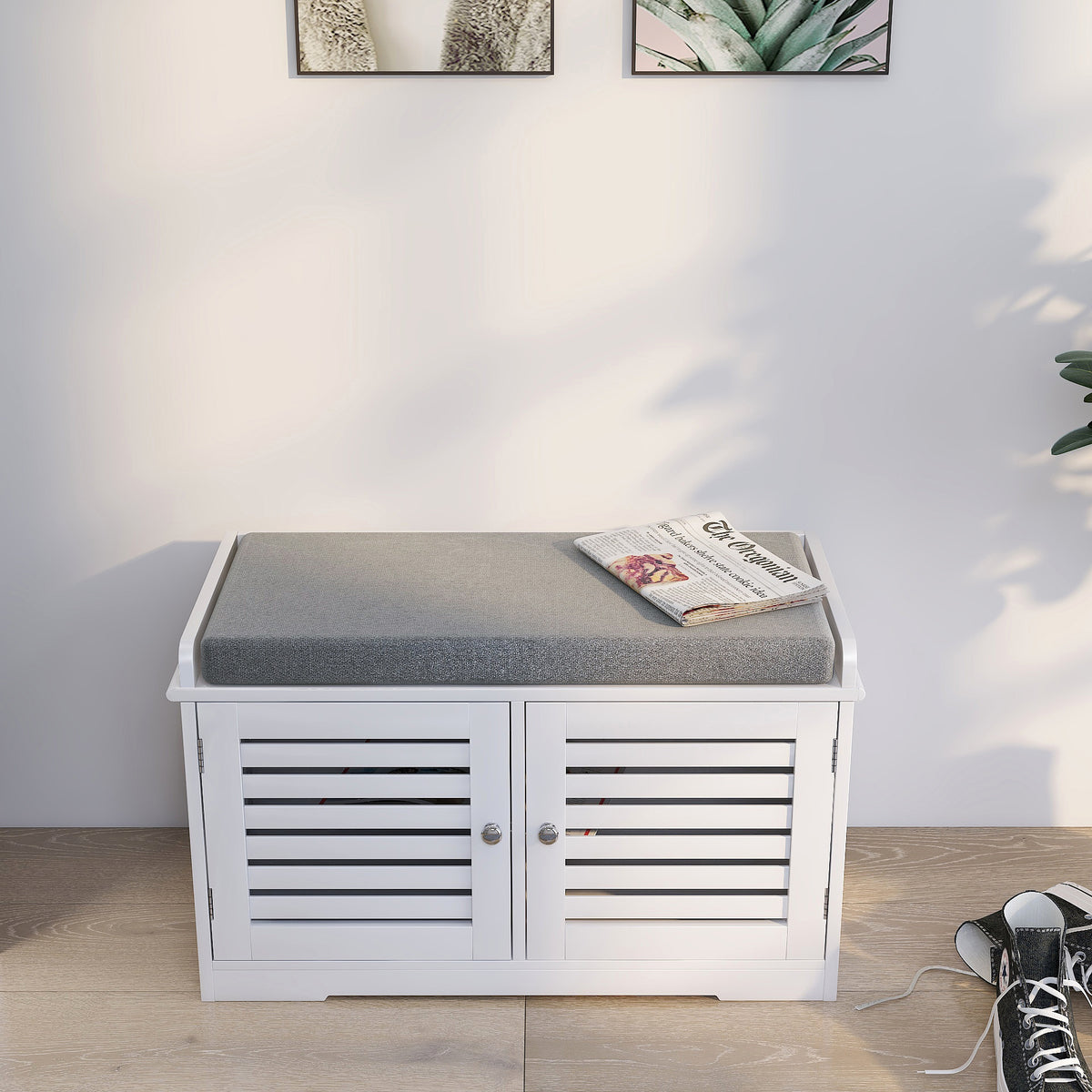 Entryway Storage Bench with Cushion – White