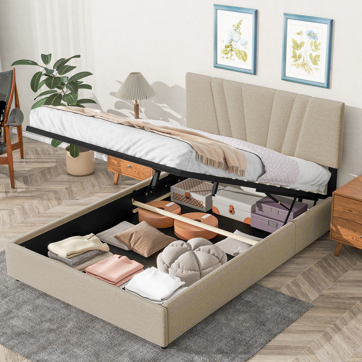 Full Storage Platform Bed Beige