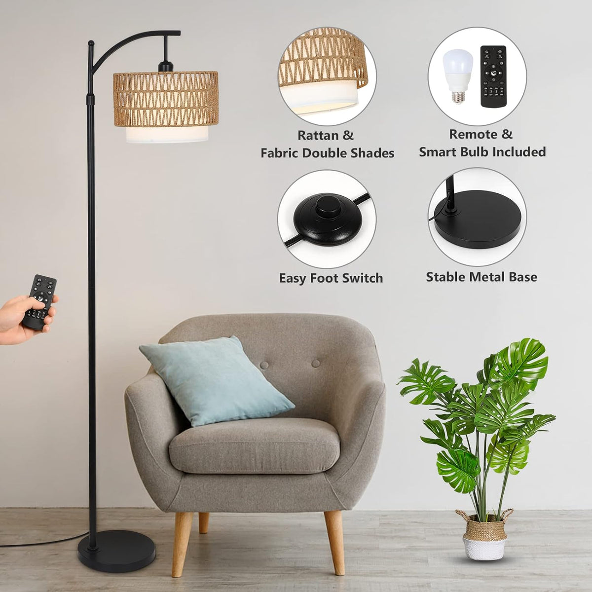 Arc Floor Lamp with Remote 3-Color Light