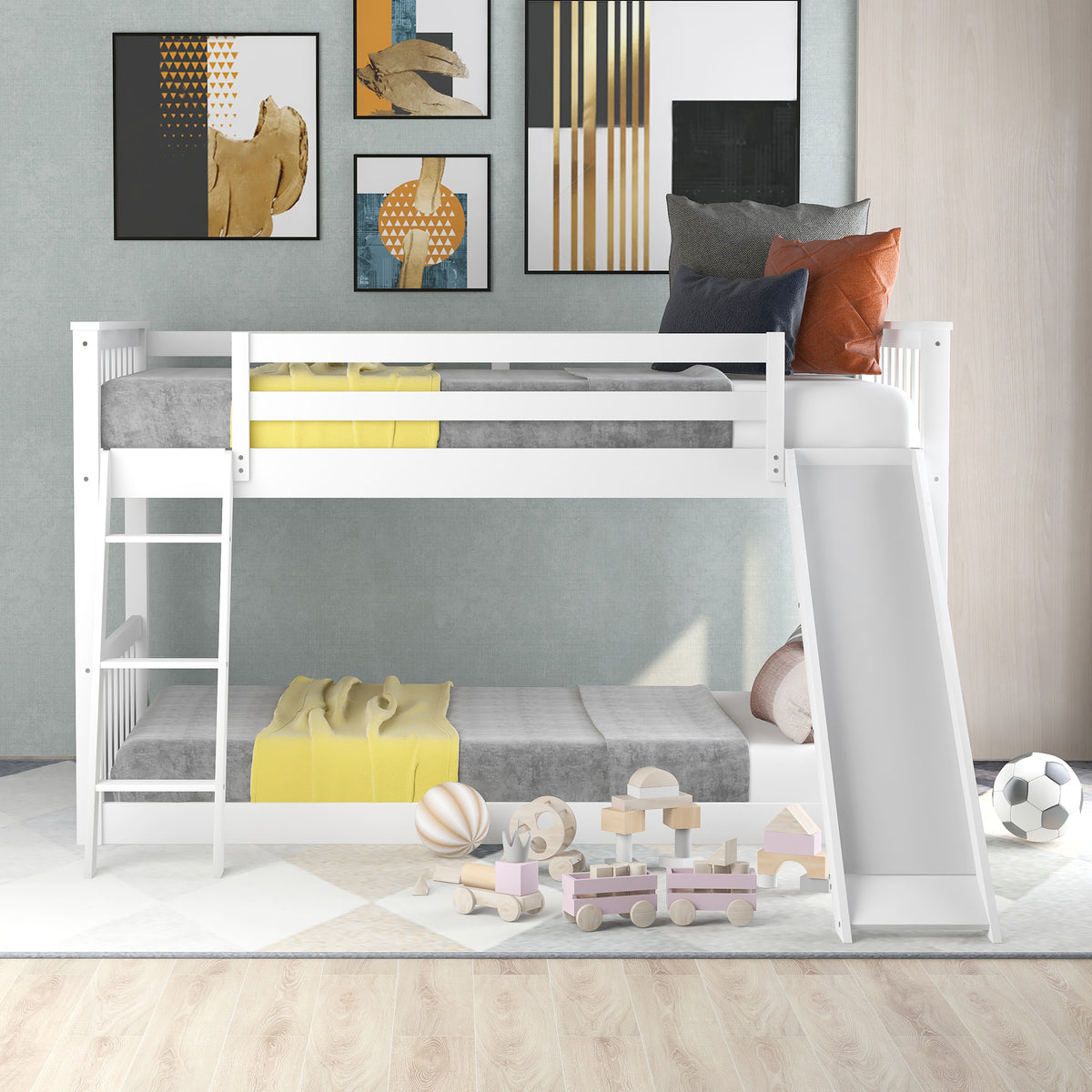 Twin Over Twin Bunk Bed with Slide White