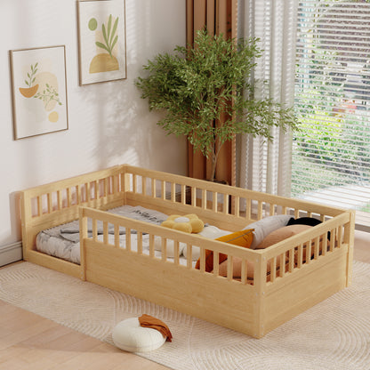 Natural Kids Floor Bed Frame with Fence