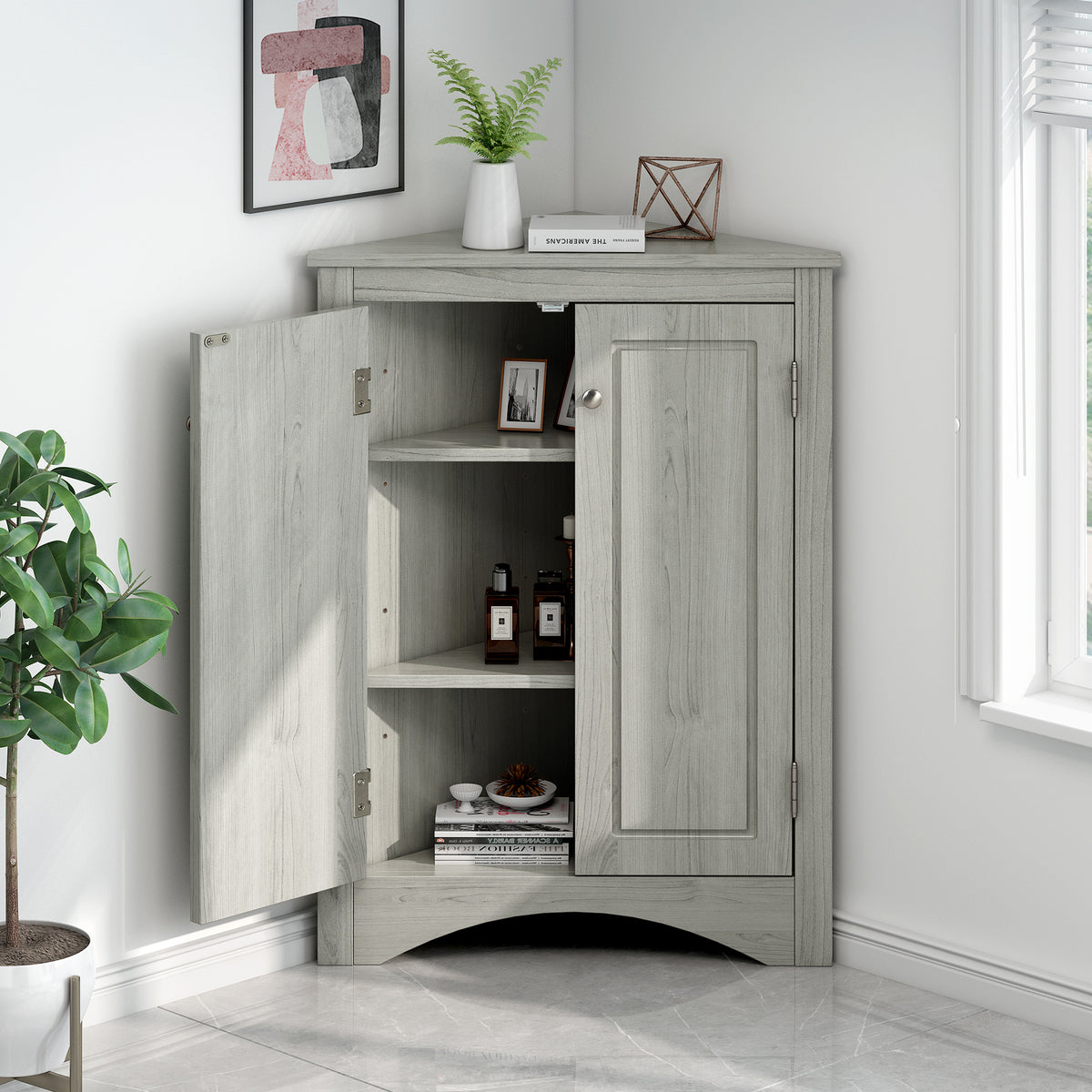 Oak Corner Bathroom Cabinet with Shelves